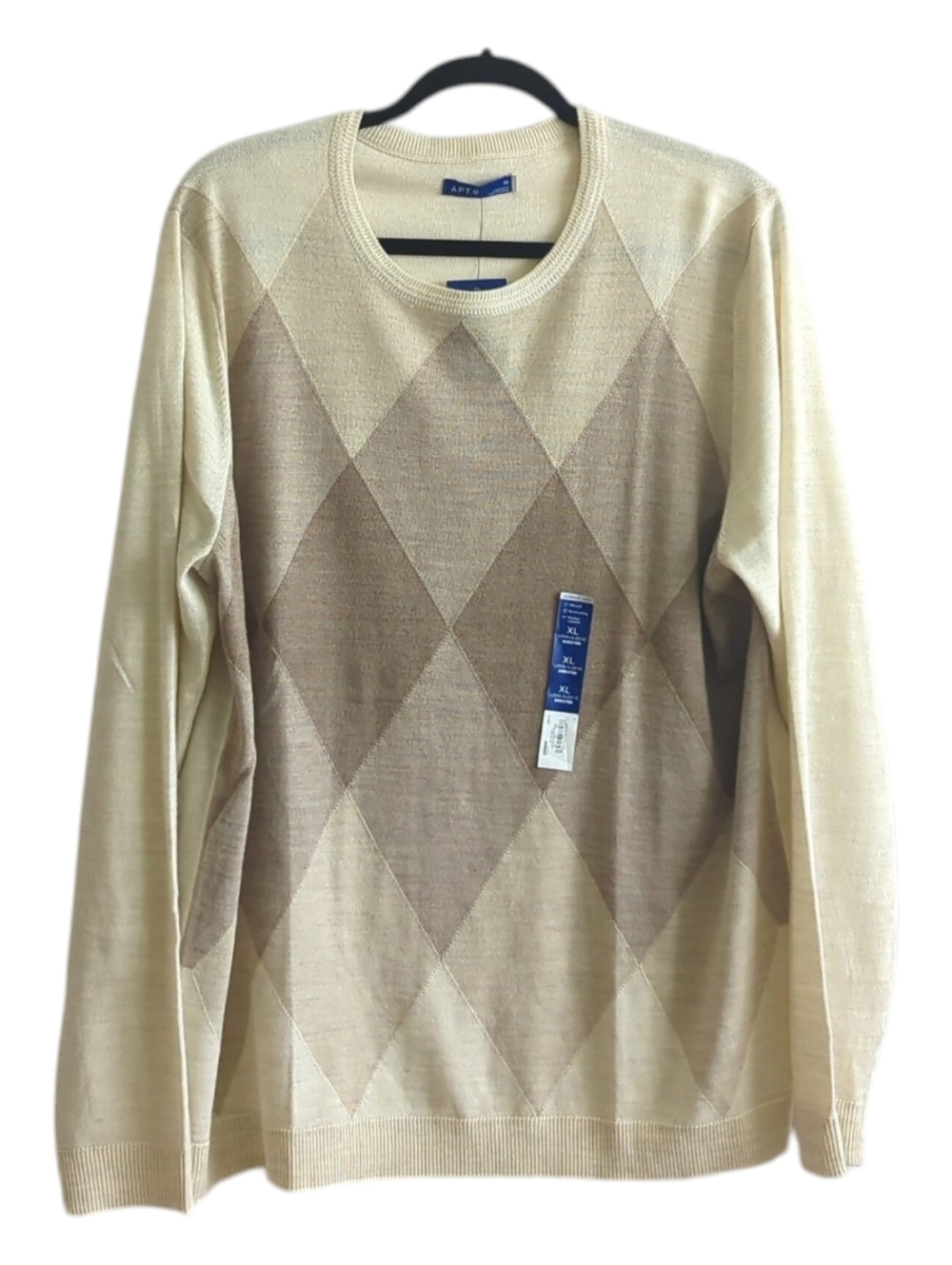 Apt.9 Modern Luxe Tan & Brown Argyle Merino Blend Crewneck  Sweater Size XL NWT
